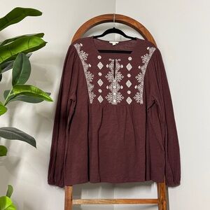 Cotton Bleu 2X Brown Boho Embroidered Long Sleeve Blouse